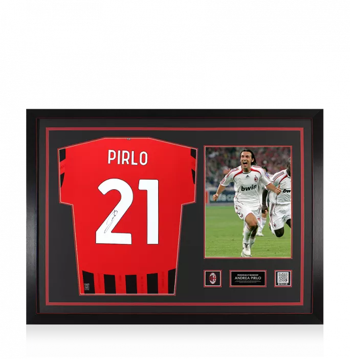 icons Andrea Pirlo Official AC Milan Back Signed and Framed 2024-25 Home Shirt With Fan Style Numbers