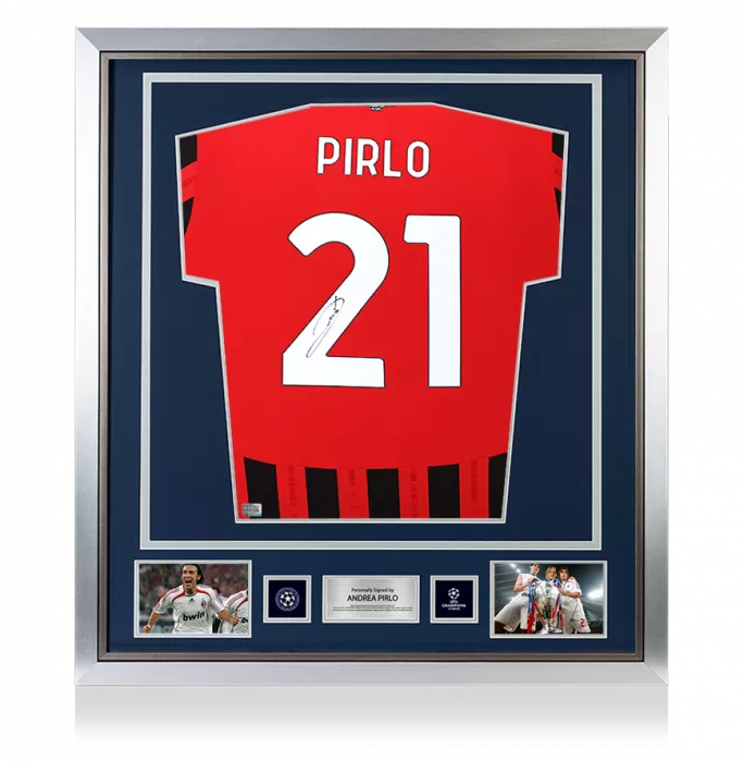 icons Andrea Pirlo Official UEFA Champions League Back Signed and Framed AC Milan 2024-25 Home Shirt With Fan Style Numbers