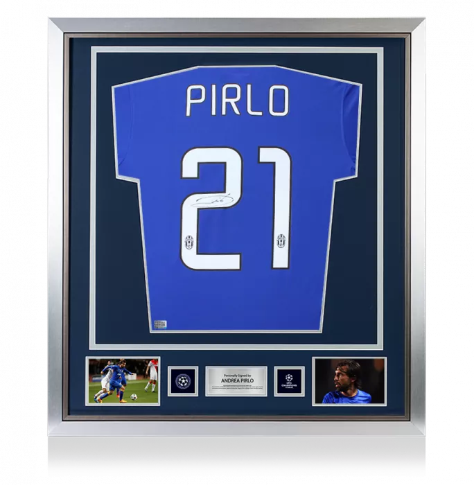 icons Andrea Pirlo Official UEFA Champions League Back Signed and Framed Juventus 2014-15 Away Shirt