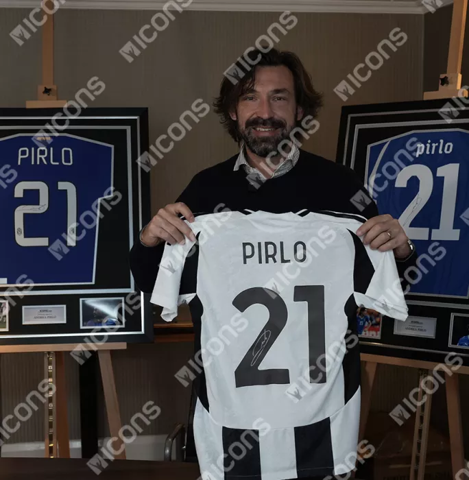 Icons Andrea Pirlo Official UEFA Champions League Back Signed And Hero Framed Juventus 2024-25 Home Shirt With Fan Style Numbers