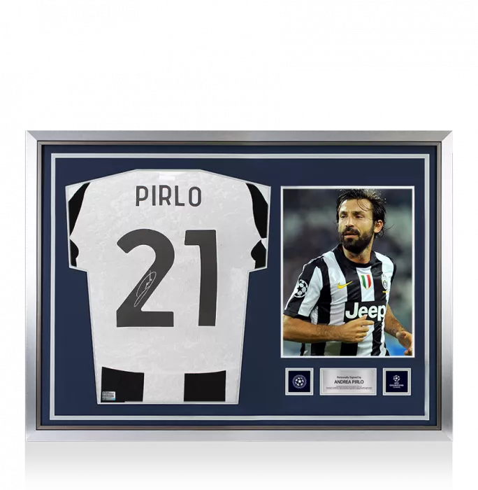 icons Andrea Pirlo Official UEFA Champions League Back Signed and Hero Framed Juventus 2024-25 Home Shirt With Fan Style Numbers