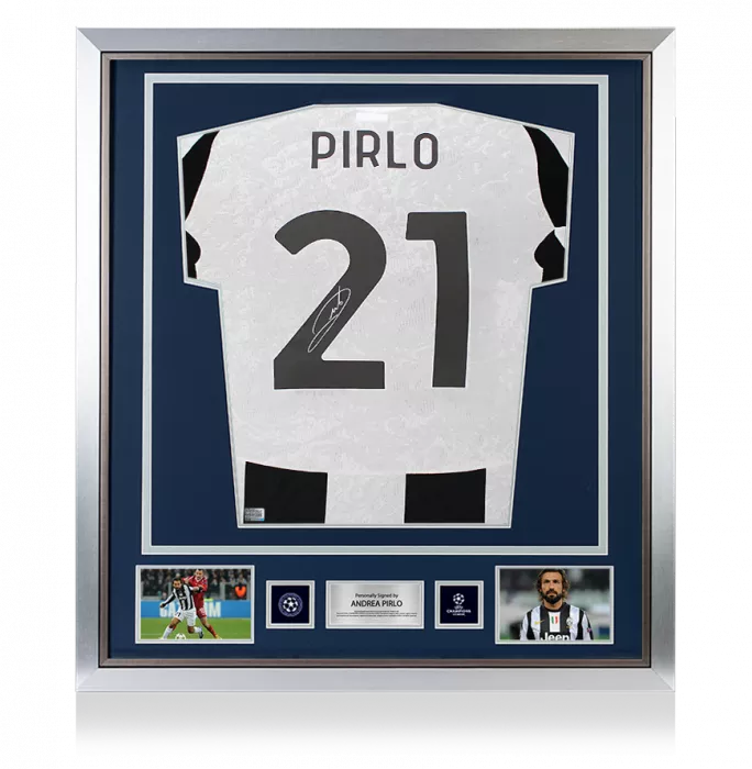 icons Andrea Pirlo Official UEFA Champions League Back Signed and Framed Juventus 2024-25 Home Shirt With Fan Style Numbers