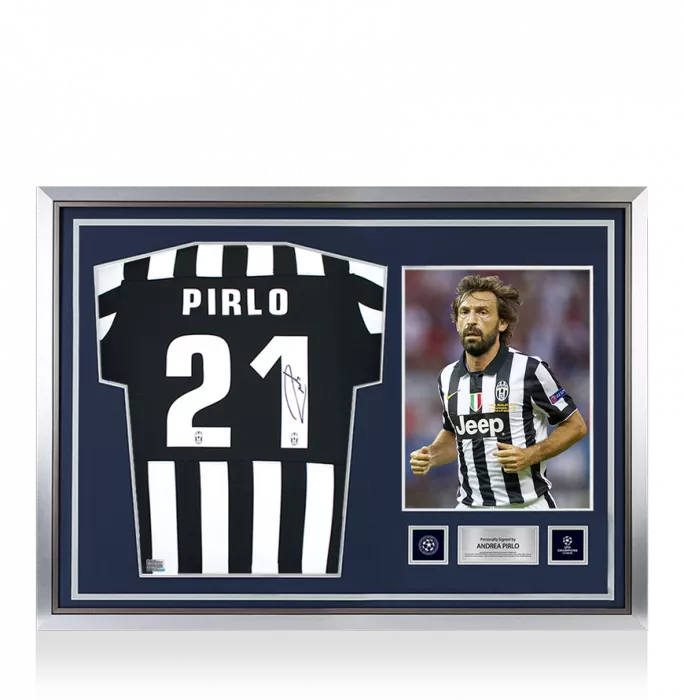 icons Andrea Pirlo Official UEFA Champions League Back Signed and Hero Framed Juventus 2015-16 Home Shirt