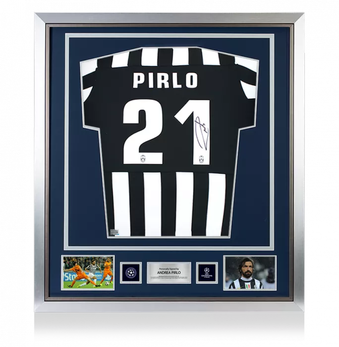 icons Andrea Pirlo Official UEFA Champions League Back Signed and Framed Juventus 2015-16 Home Shirt
