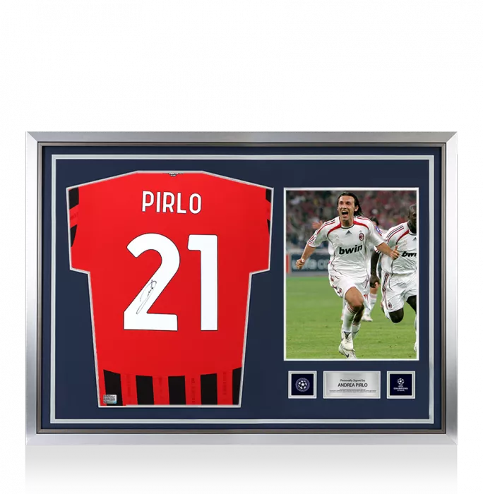 icons Andrea Pirlo Official UEFA Champions League Back Signed and Hero Framed AC Milan 2024-25 Home Shirt With Fan Style Numbers