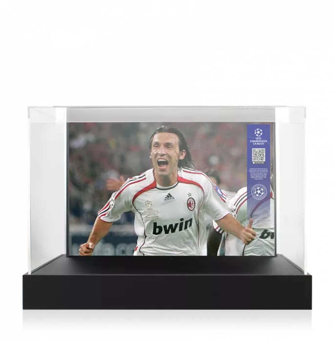 Icons Andrea Pirlo Official UEFA Champions League Signed Nike Tiempo Black Boot In Photo Acrylic Case: Option 1
