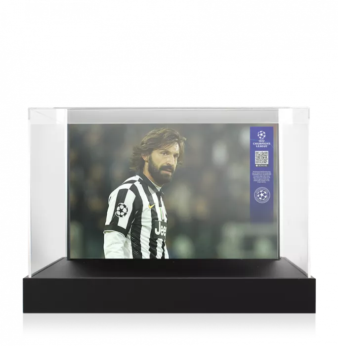 Icons Andrea Pirlo Official UEFA Champions League Signed Nike Tiempo Boot In Photo Acrylic Case: Option 1
