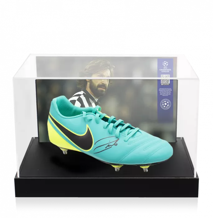 icons Andrea Pirlo Official UEFA Champions League Signed Nike Tiempo Boot In Photo Acrylic Case: Option 1