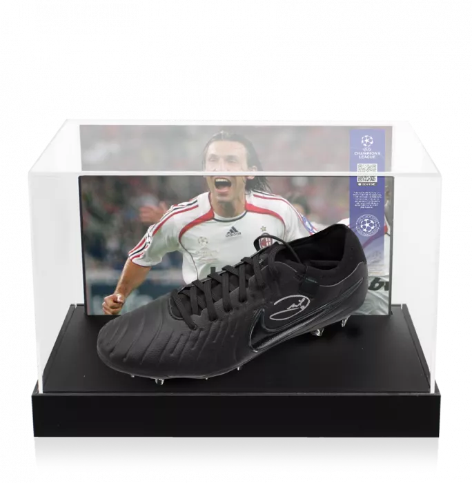 icons Andrea Pirlo Official UEFA Champions League Signed Nike Tiempo Black Boot In Photo Acrylic Case: Option 1