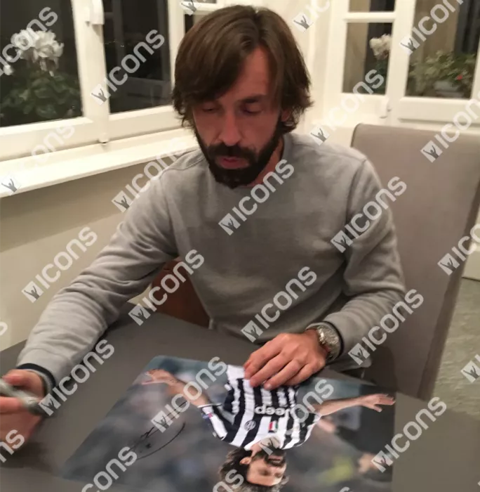 Icons Andrea Pirlo Signed Juventus Photo In Black Wooden Frame: Goal Vs Olympique Lyonnais