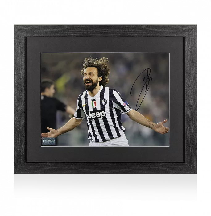 icons Andrea Pirlo Signed Juventus Photo In Black Wooden Frame: Goal vs Olympique Lyonnais