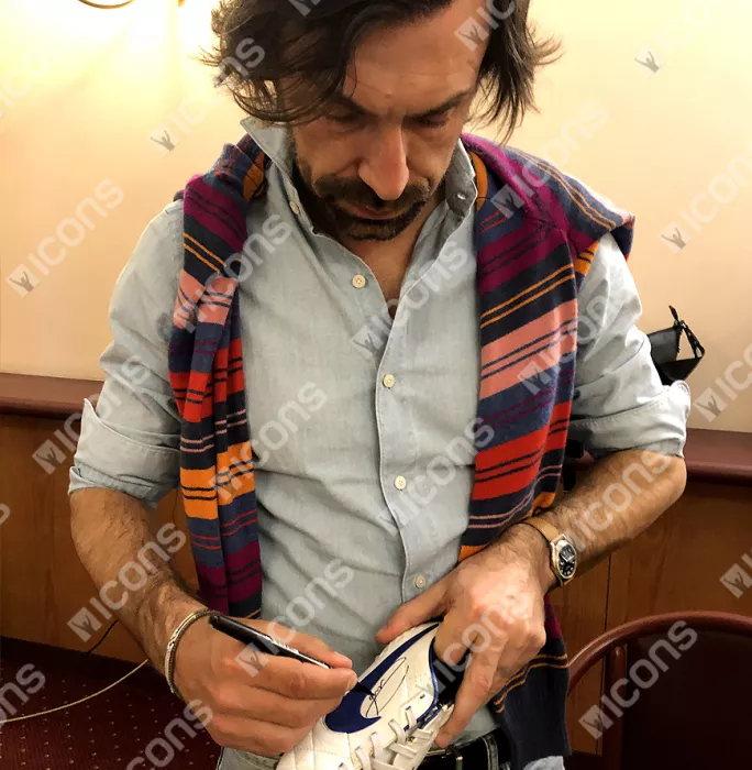 Icons Andrea Pirlo Signed White And Blue Nike Tiempo Boot In Bubble Frame: Italy