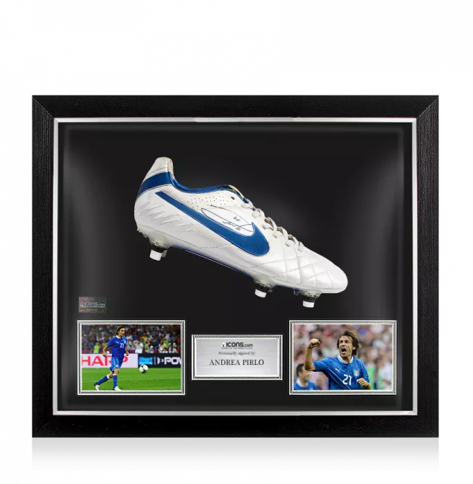 icons Andrea Pirlo Signed White and Blue Nike Tiempo Boot In Bubble Frame: Italy