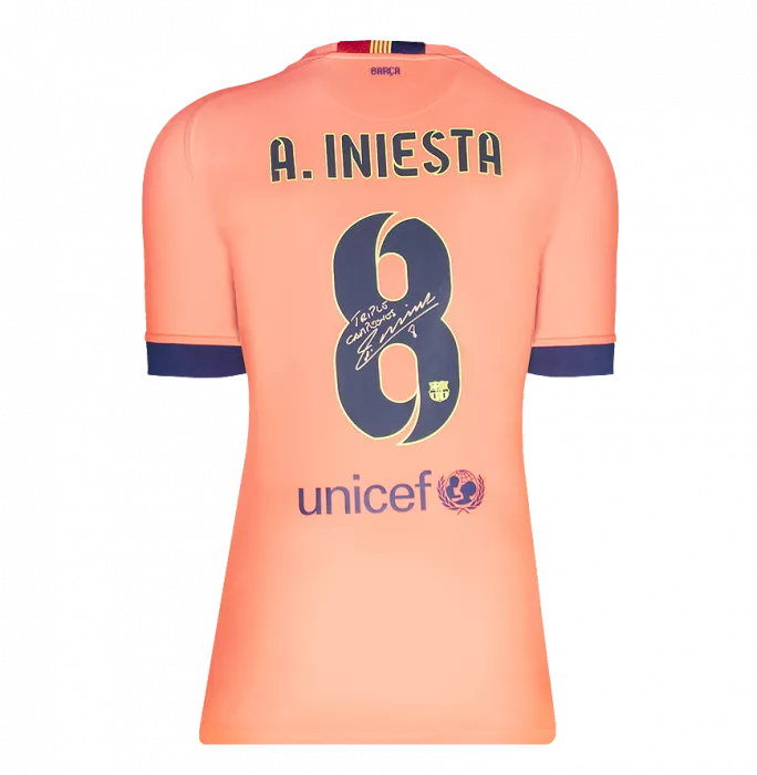 Icons Andres Iniesta Back Signed FC Barcelona 2014-15 Away Shirt Inscription - "Triple Campeones" In Hero Frame: Option 1