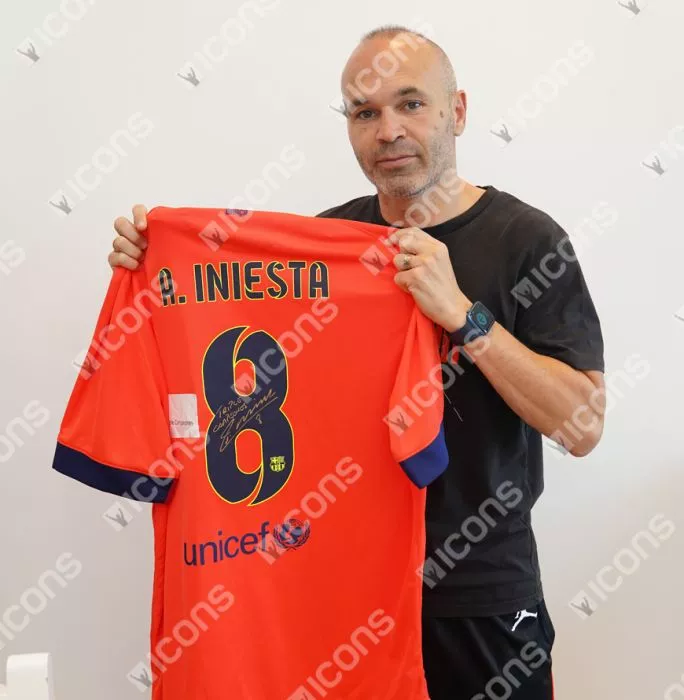 Icons Andres Iniesta Back Signed FC Barcelona 2014-15 Away Shirt Inscription - "Triple Campeones" In Classic Frame