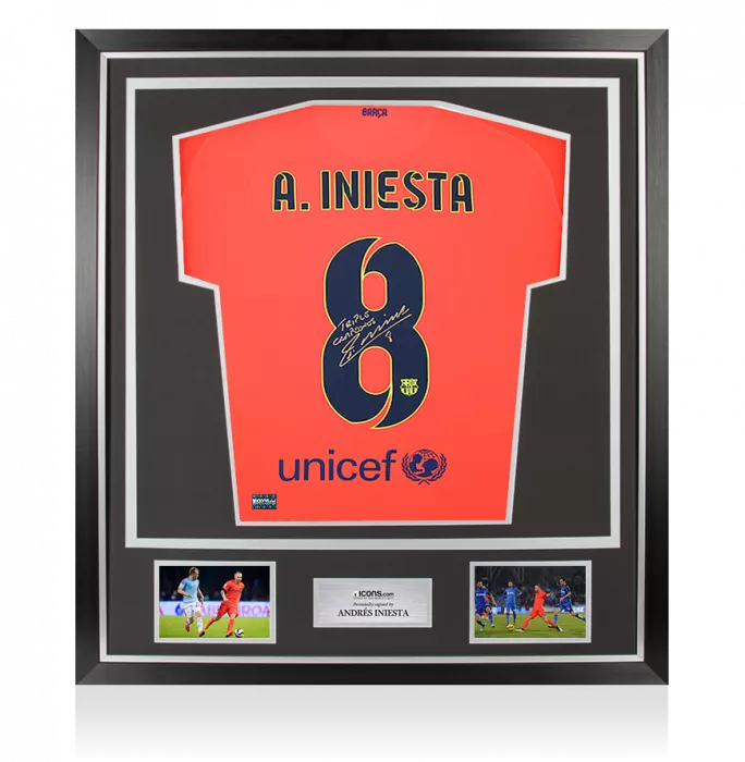 icons Andres Iniesta Back Signed FC Barcelona 2014-15 Away Shirt Inscription - "Triple Campeones" In Classic Frame