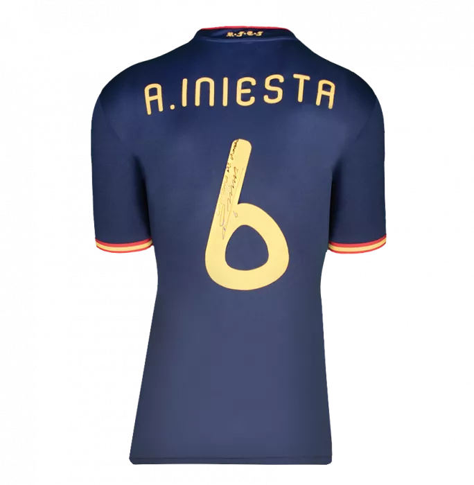 Icons Andres Iniesta Back Signed Spain 2010 Away Shirt Inscription - 'Campeones Del Mundo' In Classic Frame