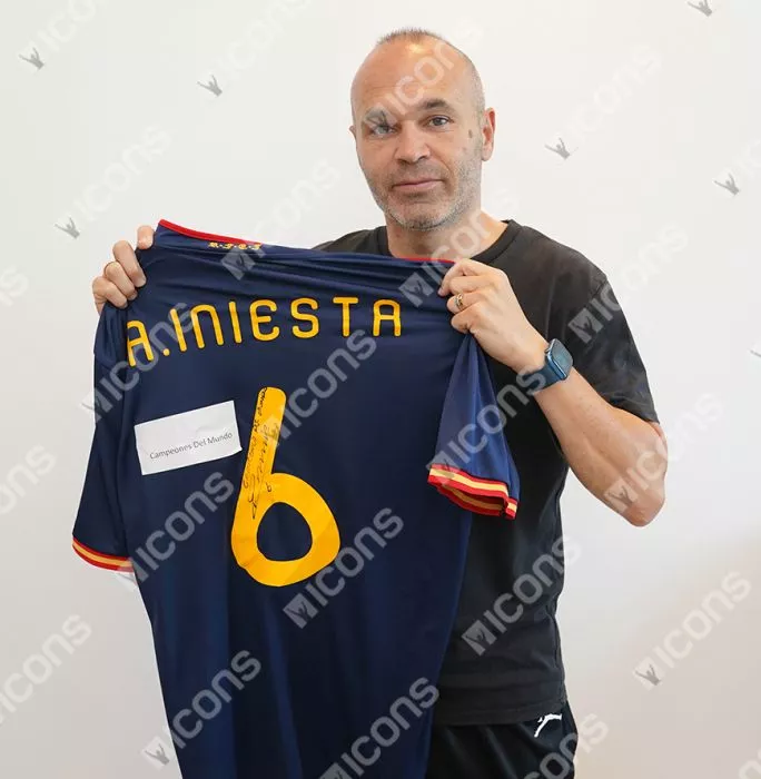 Icons Andres Iniesta Back Signed Spain 2010 Away Shirt Inscription - 'Campeones Del Mundo' In Classic Frame