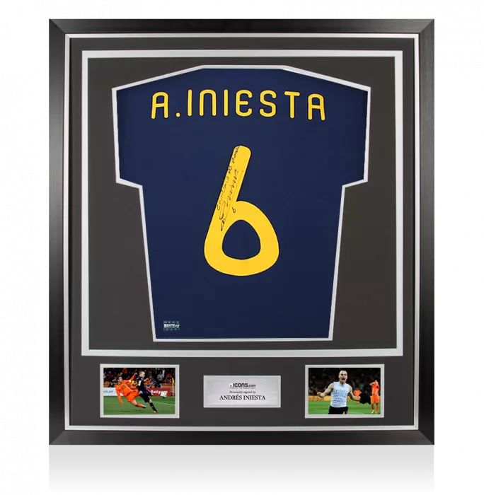 icons Andres Iniesta Back Signed Spain 2010 Away Shirt Inscription - 'Campeones Del Mundo' In Classic Frame