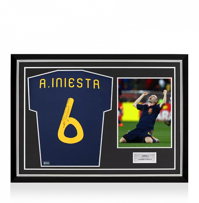 icons Andres Iniesta Back Signed Spain 2010 Away Shirt Inscription - 'Campeones Del Mundo' In Hero Frame: Option 1