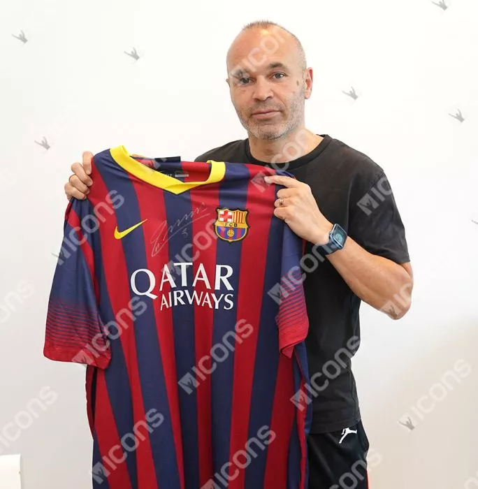 Icons Andres Iniesta Front Signed FC Barcelona 2013-14 Home Shirt: Version 3 In Classic Frame
