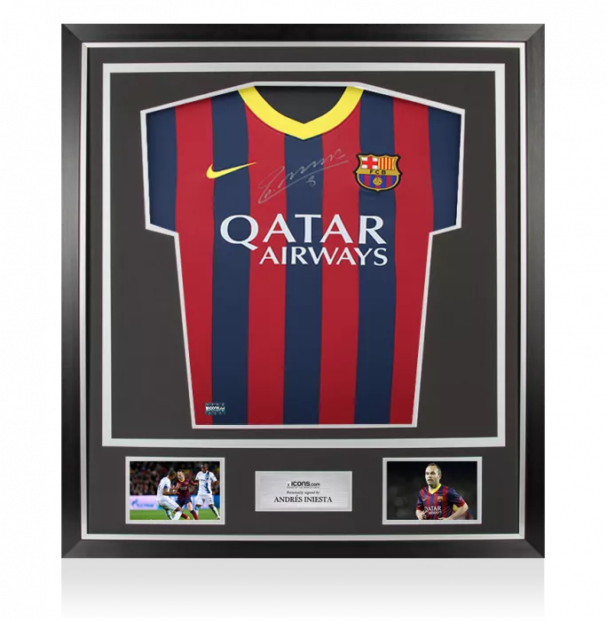 icons Andres Iniesta Front Signed FC Barcelona 2013-14 Home Shirt: Version 3 In Classic Frame