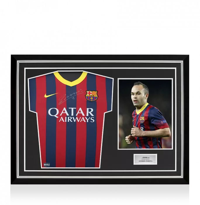icons Andres Iniesta Front Signed FC Barcelona 2013-14 Home Shirt: Version 3 In Hero Frame: Option 1