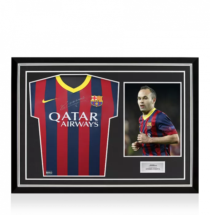 icons Andres Iniesta Front Signed FC Barcelona 2013-14 Home Shirt: Version 2 In Hero Frame: Option 1