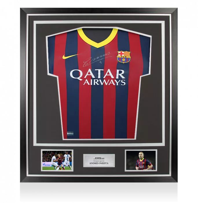 icons Andres Iniesta Front Signed FC Barcelona 2013-14 Home Shirt: Version 2 In Classic Frame