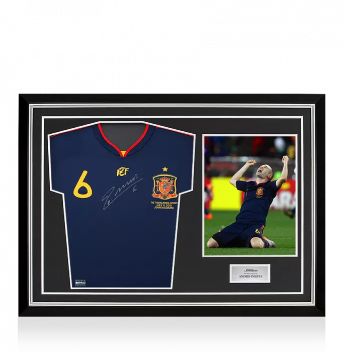 icons Andres Iniesta Front Signed Spain 2010 Away Shirt: World Cup Edition In Hero Frame: Option 1