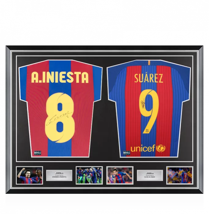 icons Andres Iniesta & Luis Suarez Signed Barcelona Shirts In Classic Dual Frame