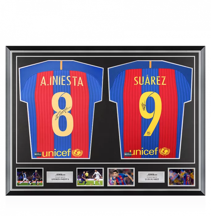 icons Andres Iniesta & Luis Suarez Signed FC Barcelona 2016-17 Home Shirts In Classic Dual Frame