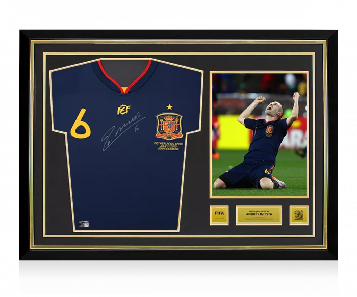 icons Andres Iniesta Official 2010 FIFA World Cup™ Front Signed and Hero Framed Spain 2010 Away Shirt