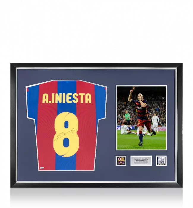 icons Andres Iniesta Official FC Barcelona Back Signed and Framed Retro Home Shirt