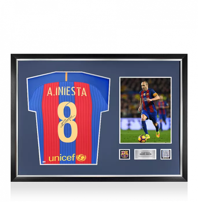 icons Andres Iniesta Official FC Barcelona Back Signed and Framed 2016-17 Home Shirt with Fan Style Number