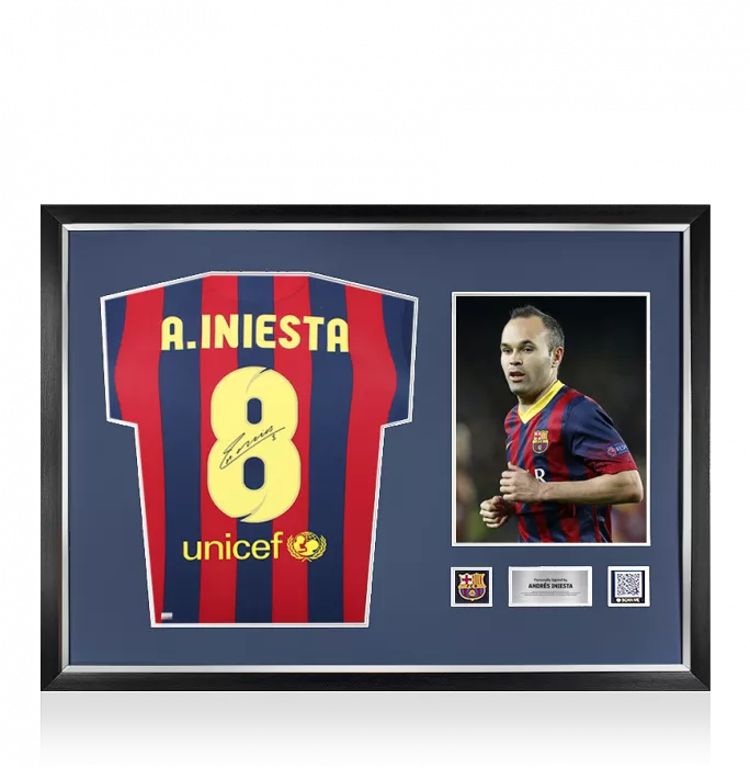 icons Andres Iniesta Official FC Barcelona Back Signed and Framed 2013-14 Home Shirt