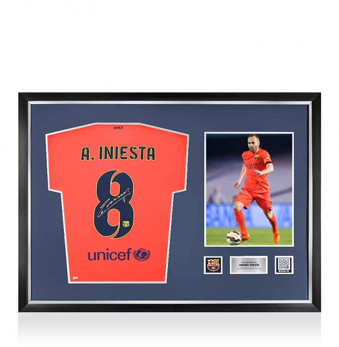 icons Andres Iniesta Official FC Barcelona Back Signed and Framed 2014-15 Away Shirt