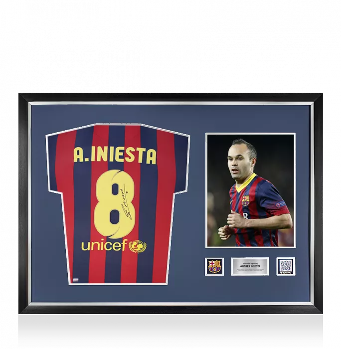 icons Andres Iniesta Official FC Barcelona Back Signed and Framed 2013-14 Home Shirt