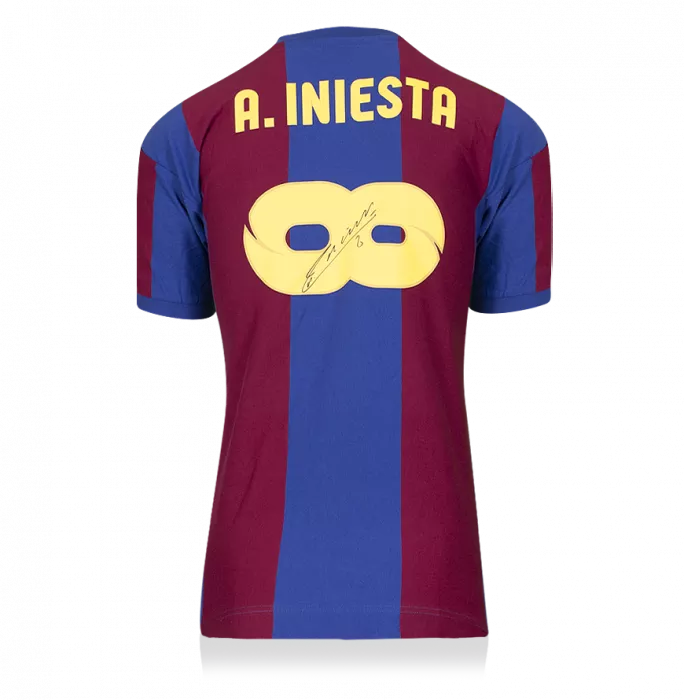 Icons Andres Iniesta Official FC Barcelona Back Signed And Framed Retro Home Shirt With Fan Style Number: Infinity Edition