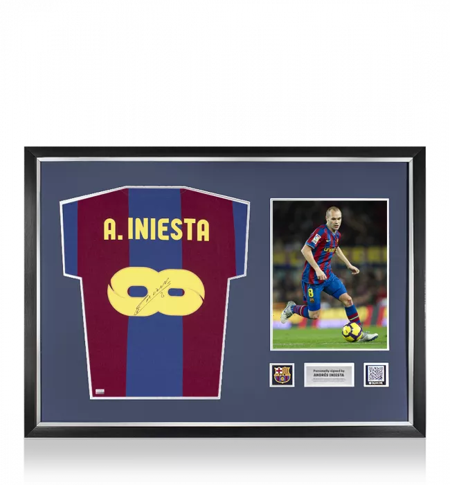 icons Andres Iniesta Official FC Barcelona Back Signed and Framed Retro Home Shirt With Fan Style Number: Infinity Edition
