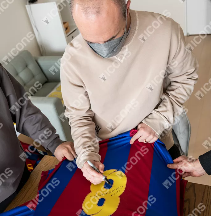 Icons Andres Iniesta Official FC Barcelona Back Signed And Framed Retro Home Shirt With Fan Style Number
