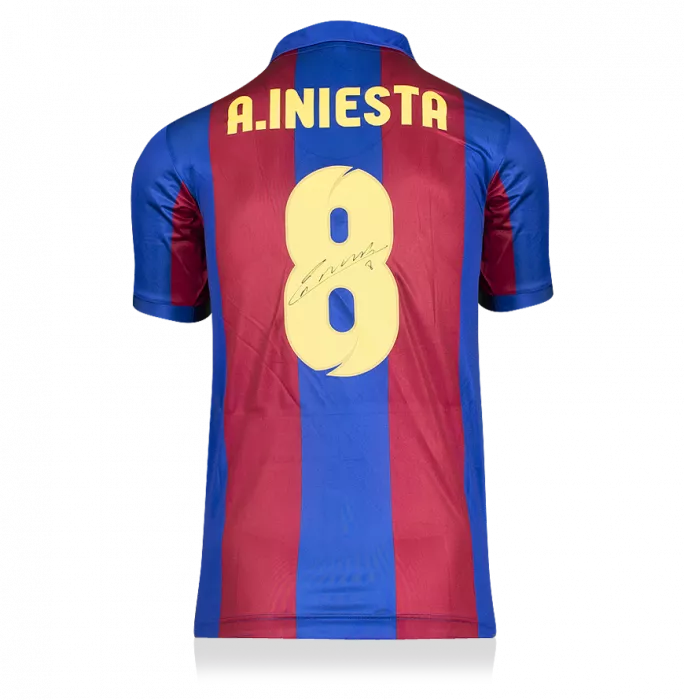 Icons Andres Iniesta Official FC Barcelona Back Signed And Framed Retro Home Shirt With Fan Style Number