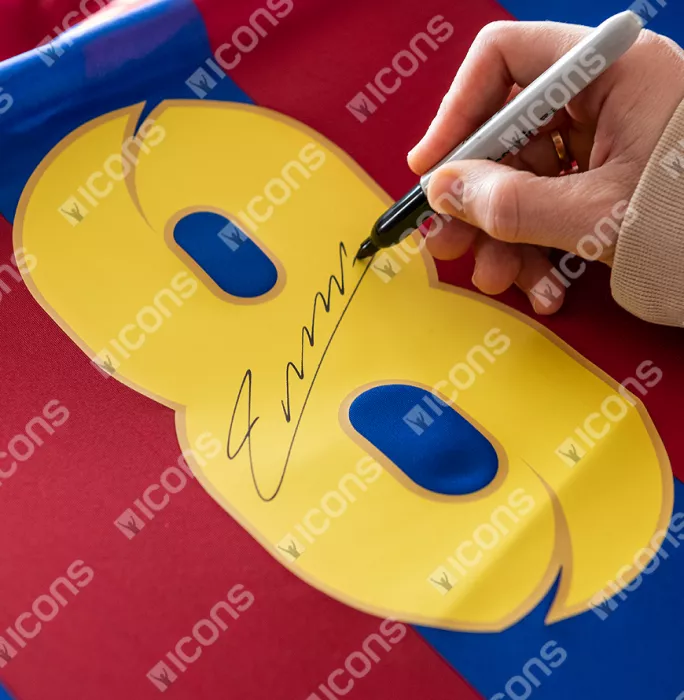 Icons Andres Iniesta Official FC Barcelona Back Signed And Framed Retro Home Shirt With Fan Style Number