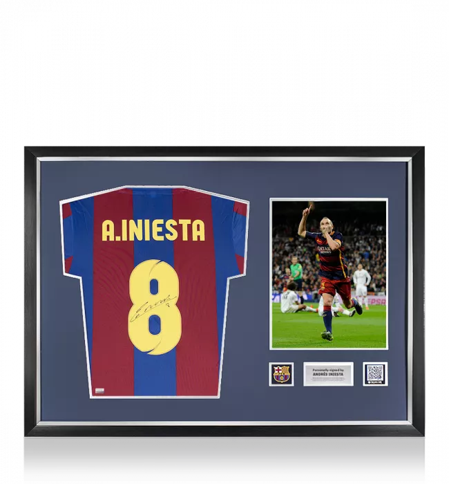 icons Andres Iniesta Official FC Barcelona Back Signed and Framed Retro Home Shirt With Fan Style Number