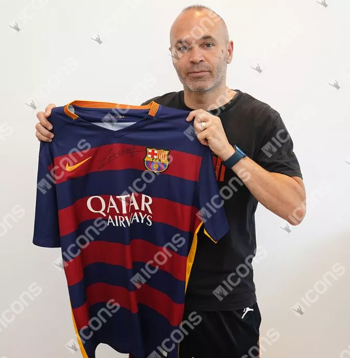 Icons Andres Iniesta Official FC Barcelona Front Signed And Framed 2015-16 Home Shirt