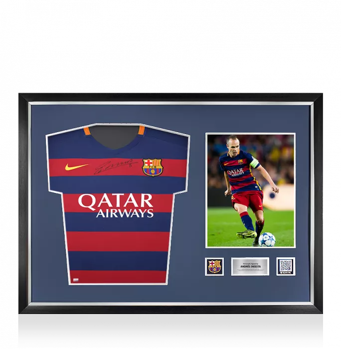 icons Andres Iniesta Official FC Barcelona Front Signed and Framed 2015-16 Home Shirt