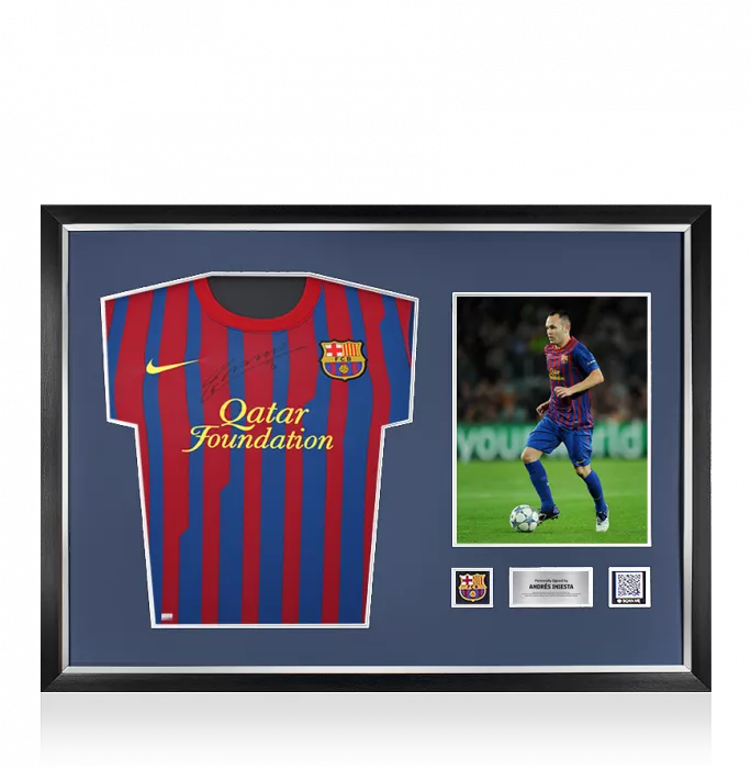 icons Andres Iniesta Official FC Barcelona Front Signed and Framed 2011-12 Home Shirt