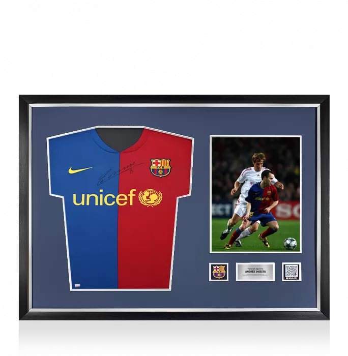icons Andres Iniesta Official FC Barcelona Front Signed and Framed 2008-09 Home Shirt