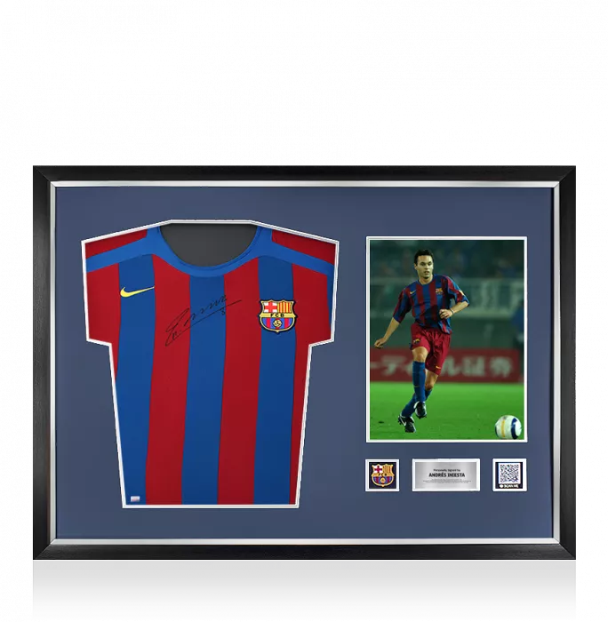 icons Andres Iniesta Official FC Barcelona Front Signed and Framed 2005-06 Home Shirt