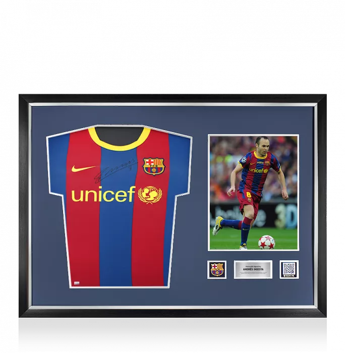 icons Andres Iniesta Official FC Barcelona Front Signed and Framed 2010-11 Home Shirt